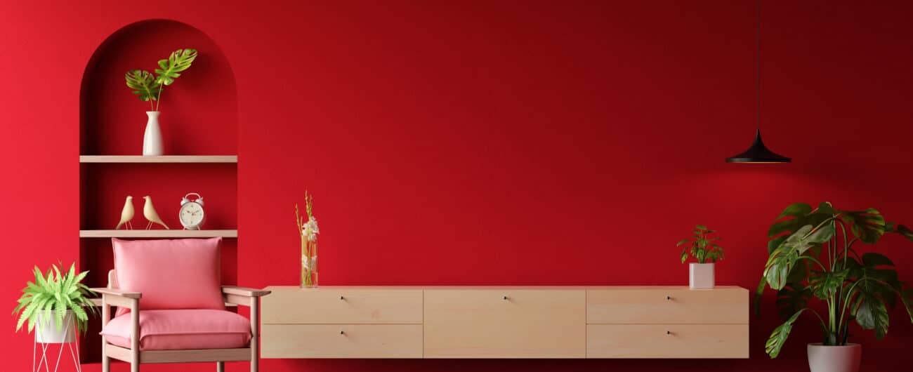 Wood sideboard in red living room with copy space, 3D rendering