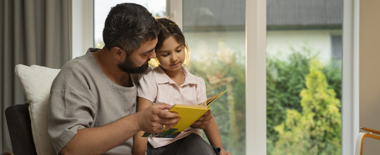 side-view-man-reading-girl